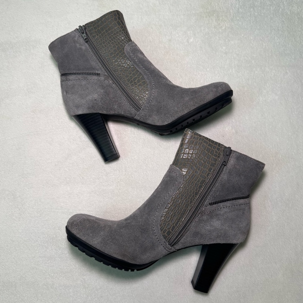 Gray Suede Ankle Boots with Patent Leather Animal Print Design
